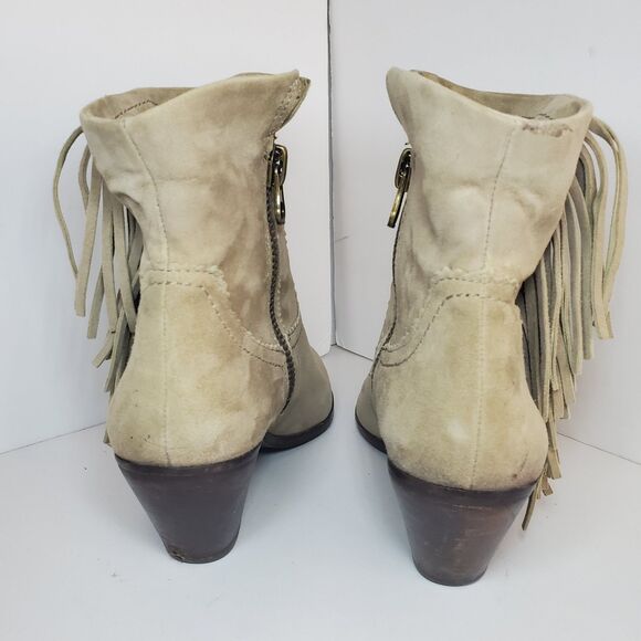 Sam Edelman Louie Western Ankle Boot Beige Fringe Stacked Heel Size 8 - Picture 7 of 16